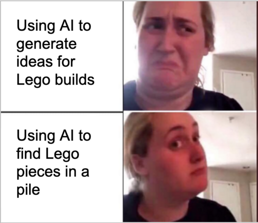 Meme with a bad reaction to "Using AI to generate ideas for Lego builds" but a good reaction to "Using AI to find Lego pieces in a pile"