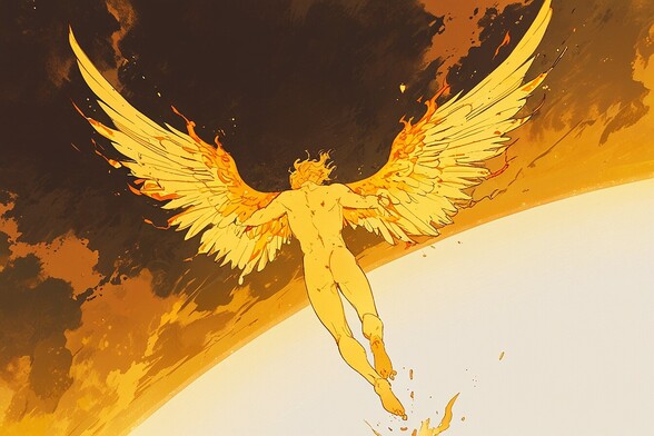Decorative graphic of Icarus aflame.