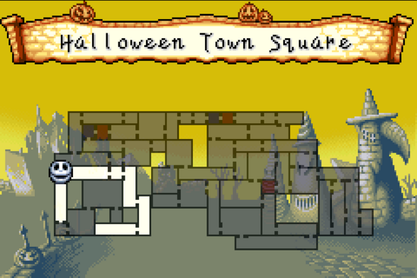 The map for the GBA game The Nightmare Before Christmas: The Pumpkin King. It features alternating horizontal and vertical rooms, and larger rectangular rooms, resembling the Super Metroid or Castlevania: Symphony of the Night maps