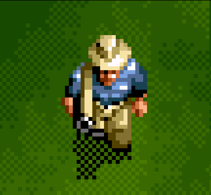A zoom-in on the sprite for Alan Grant in the Jurassic Park SNES game.
The pixels look square. 