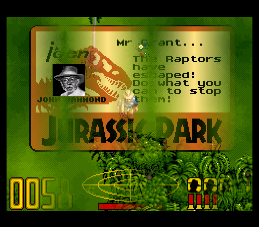 A screenshot of Jurassic Park (SNES), showing the UI. It looks vaguely transparent, because of the vertical-slices effect on the UI 