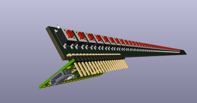 A long PCB featuring many buttons, with a group of right-angle terminal headers connecting to a Pi Pico, which is mounted at a 90 degree angle to the main PCB board