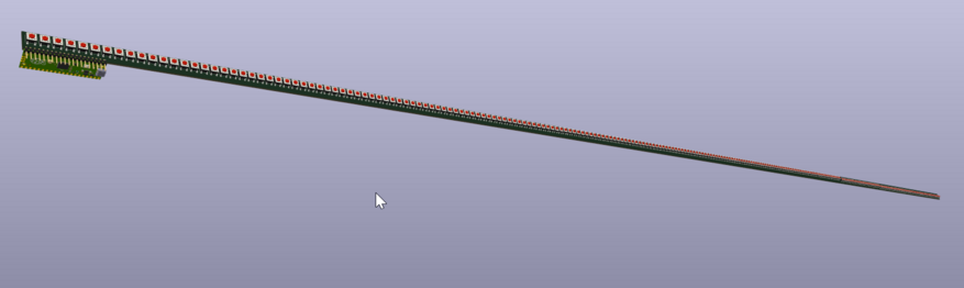 A 3d rendering of a PCB, it's very thin with hundreds of keys in one long line