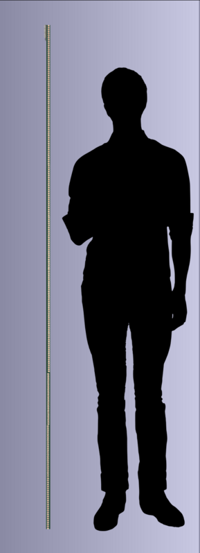 A silhouette of a person standing next to a very thin keyboard, the keyboard is about 10% taller than them