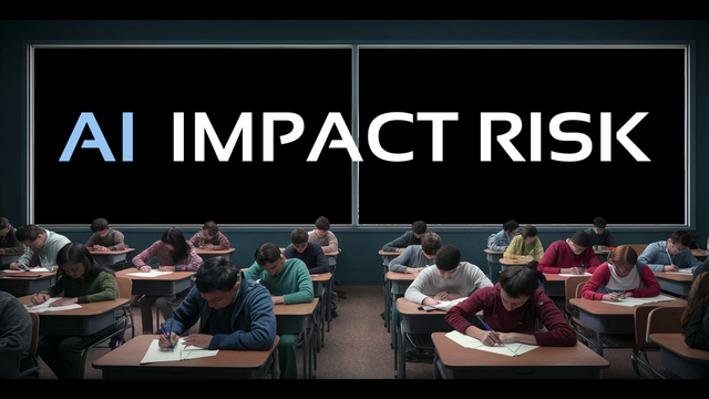 A schoolroom with children at desks and the title "AI IMPACT RISK" behind them out the window.