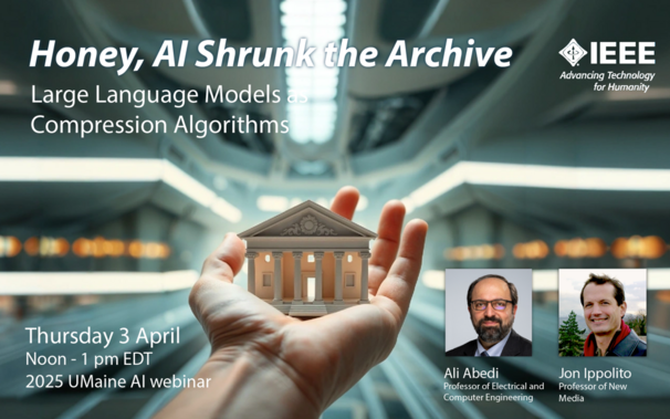 An image of a miniature museum in a person’s hand, with the text "Honey, AI Shrunk the Archive: Large Language Models as Compression Algorithms"