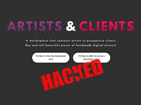 The front page of artistsnclients.com with the word "hacked" stamped on it.