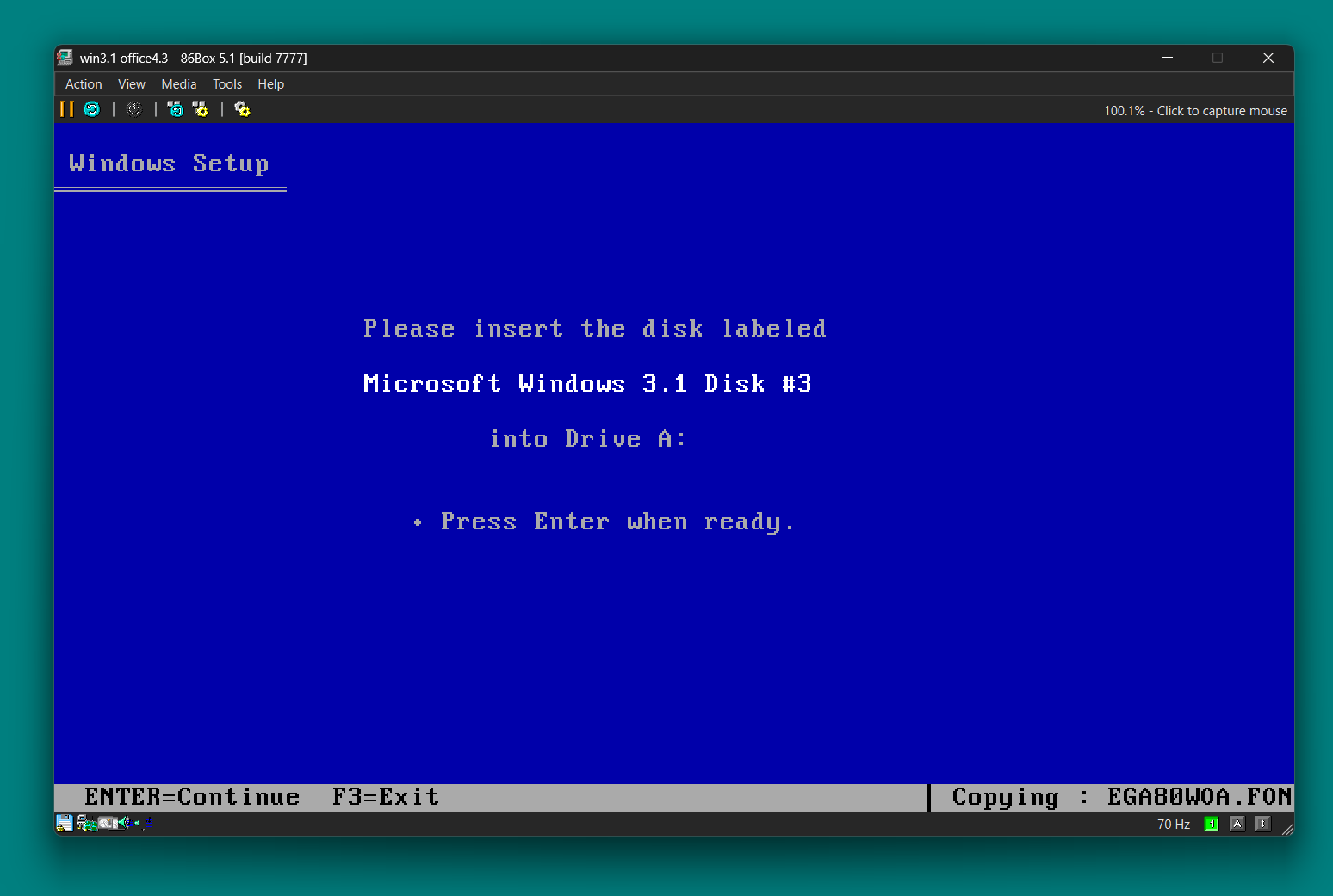 A screenshot of 86Box 5.1, which is currently installing Windows 3.1 (it's on Disk #3). The toolbar mentioned has buttons for pause/reset/shutdown/ctrl-alt-del/ctrl-alt-esc/settnigs, and also says "100.1% - Click to capture mouse" on the right, in a sort of weird status-bar/toolbar hybrid.
(there's a separate iconic (as in full of icons) statusbar at the bottom of the screen) A screenshot of 86Box 5.1, which is currently installing Windows 3.1 (it's on Disk #3). The toolbar mentioned has buttons for pause/reset/shutdown/ctrl-alt-del/ctrl-alt-esc/settnigs, and also says "100.1% - Click to capture mouse" on the right, in a sort of weird status-bar/toolbar hybrid.
(there's a separate iconic (as in full of icons) statusbar at the bottom of the screen)