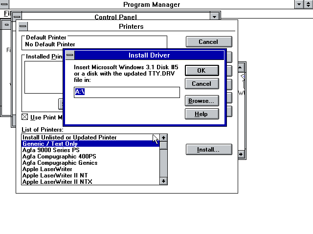 A screenshot of Windows 3.1, showing the Printers tool of the Control Panel asking the user to insert the floppy disk labeled "Microsoft Windows 3.1 Disk #5"