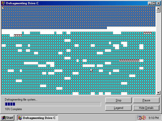 The windows 98 defragmenter, 10% through defragmenting C: 