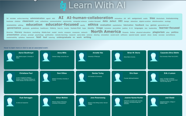 A screenshot of the speakers bureau from Learning With AI with a grid of names and a tag cloud for filtering by expertise