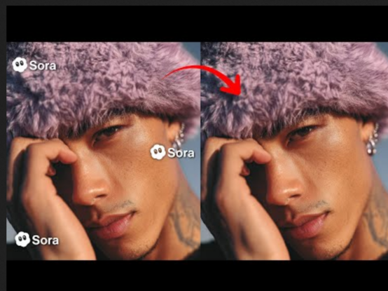 Two images of an Asian man with a hat, one with a Sora watermark and the other with the Sora watermark removed.