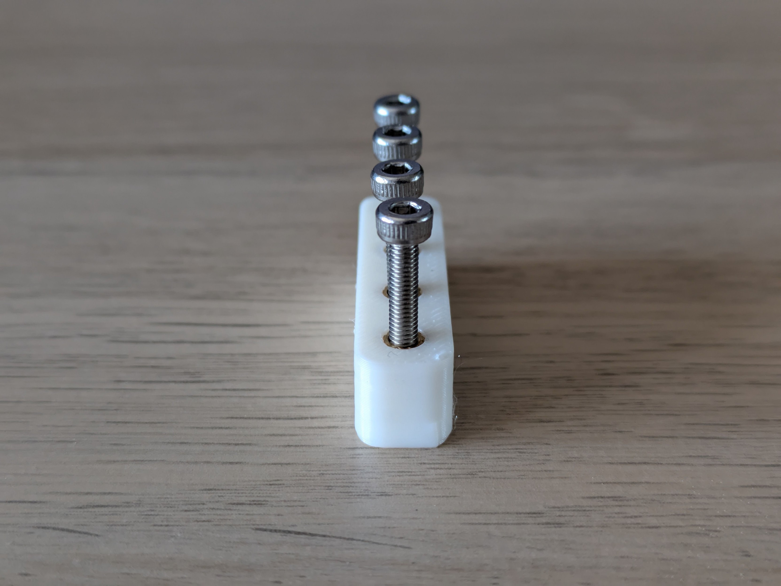 A photo of four silver bolts screwed into a narrow rectangular 3D printed part. The screws are subtly out of alignment, suggesting the parts they are screwed into are not accurately lined up.