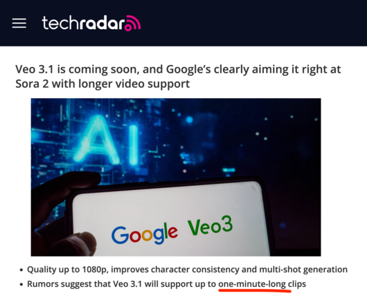 News headline from Techradar about rumored minute-long AI videos coming from Veo 3.1