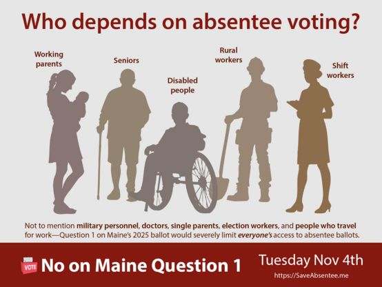A graphic with silhouettes representing different groups who typically vote absentee, with a link to the website https://saveabsentee.me.