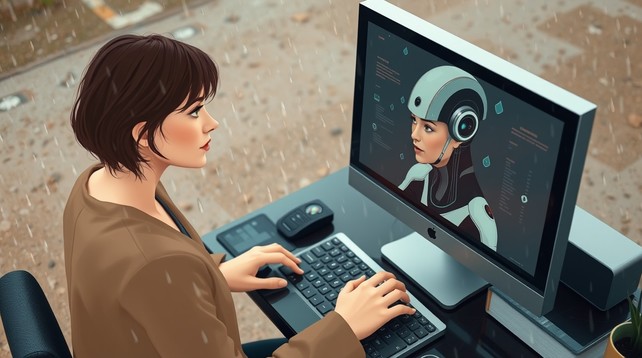 A female author typing on a computer keyboard with a futuristic machine version of her on the computer screen looking back at her, created with Leonardo.ai.