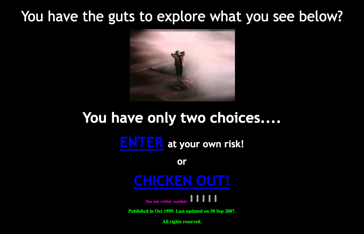Screenshot of a webpage from 1999. It features a low-resolution image of a person holding their head and screaming on a cliff. The text reads:
"You have the guts to explore what you see below?
You have only two choices....
ENTER at your own risk!
or
CHICKEN OUT!: