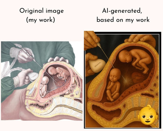 An accurate illustration of twin fetuses in the womb by a human illustrator juxtaposed with an inaccurate AI-generated one
