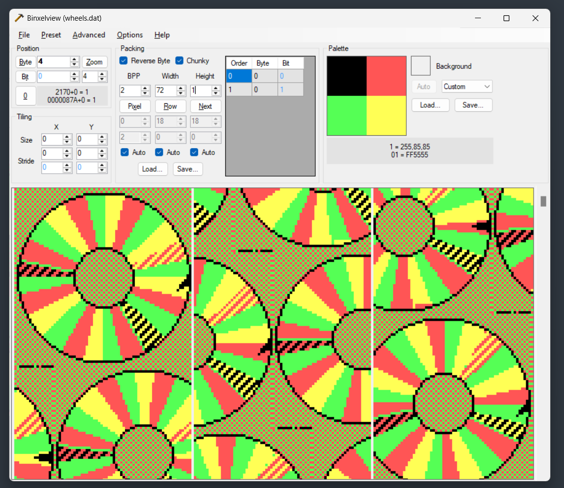 a view of wheels.dat in Binxelview, showing the contents of the file. Shown are multiple different tiles of the wheel at different rotations 