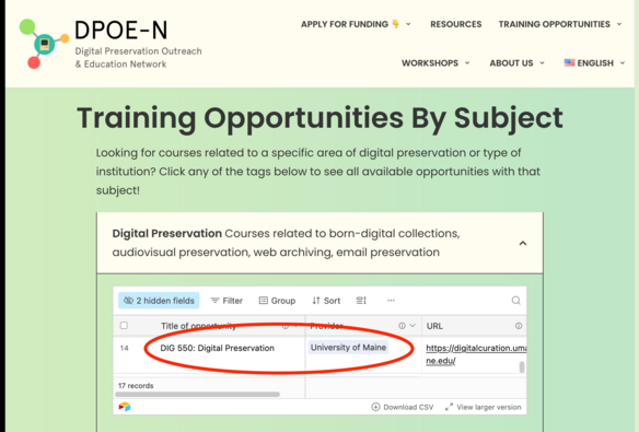 Screenshot showing that a UMaine digital preservation course is eligible for grant funding