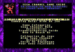 Screenshot of a Sega Channel game guide interface from 1995, with menus in both English and French.