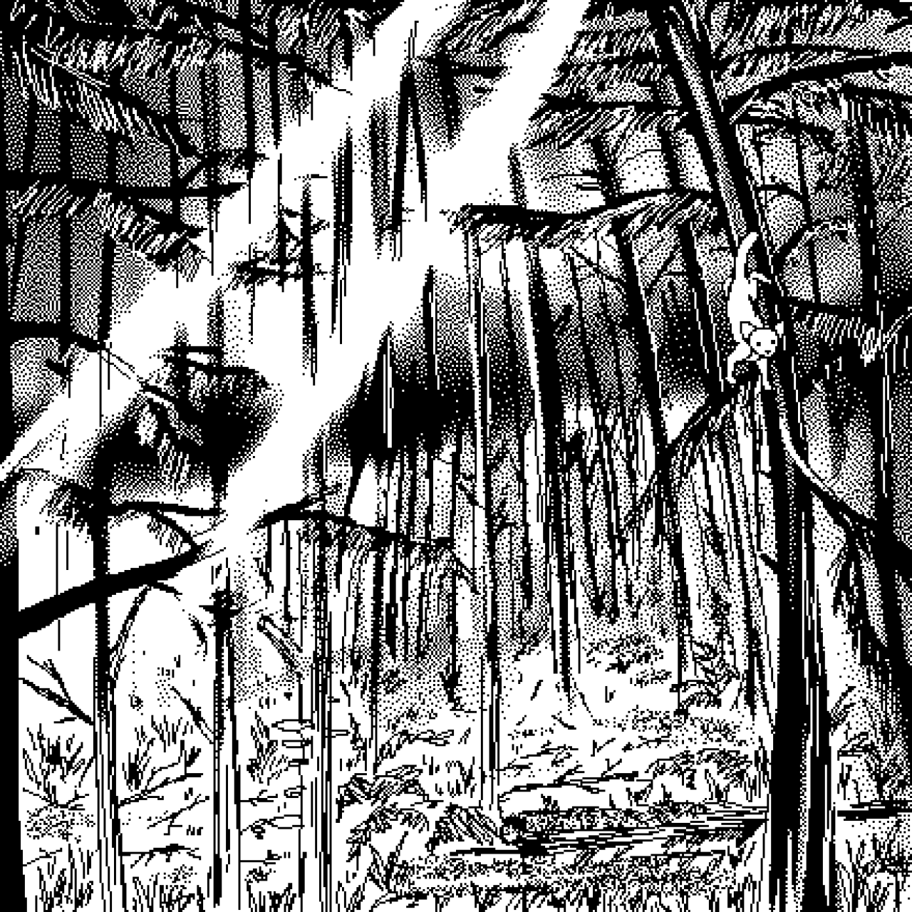 Comic panel: the sun breaks through a heavy tree canopy in a forest. Art is in a 1-bit Mac art style.