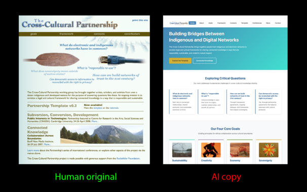 Side-by-side comparison of the original, human-made Connected Knowledge website with its AI clone.