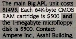 A clipping of an old Byte magazine, and highlighted is the next "Each 64K-byte CMOS RAM cartridge is $500"