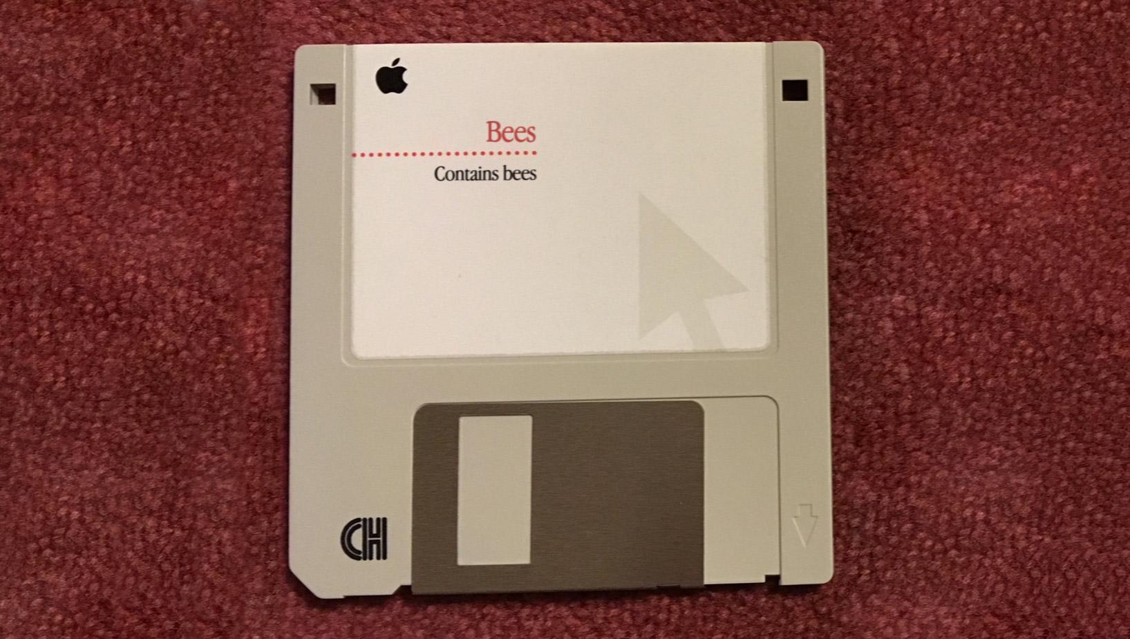 a 3.5" Macintosh floppy disk, labeled "Bees: Contains Bees"