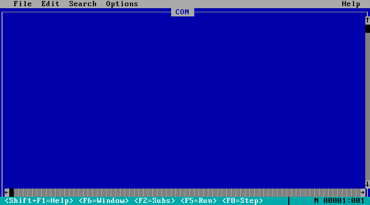 A screenshot of a blank MS Dos Edit screen, a plain text user interface from the early 90s. The opened file is named "con" 